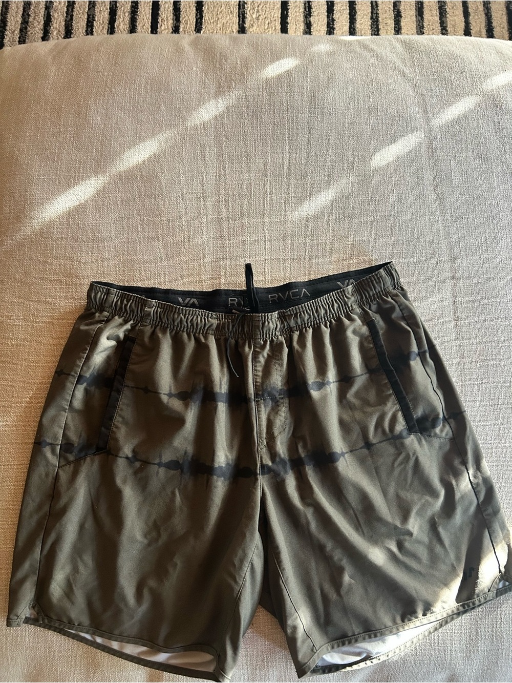 RVCA Men's Olive Green Swim Trunks with Black Tie-Dye Stripes